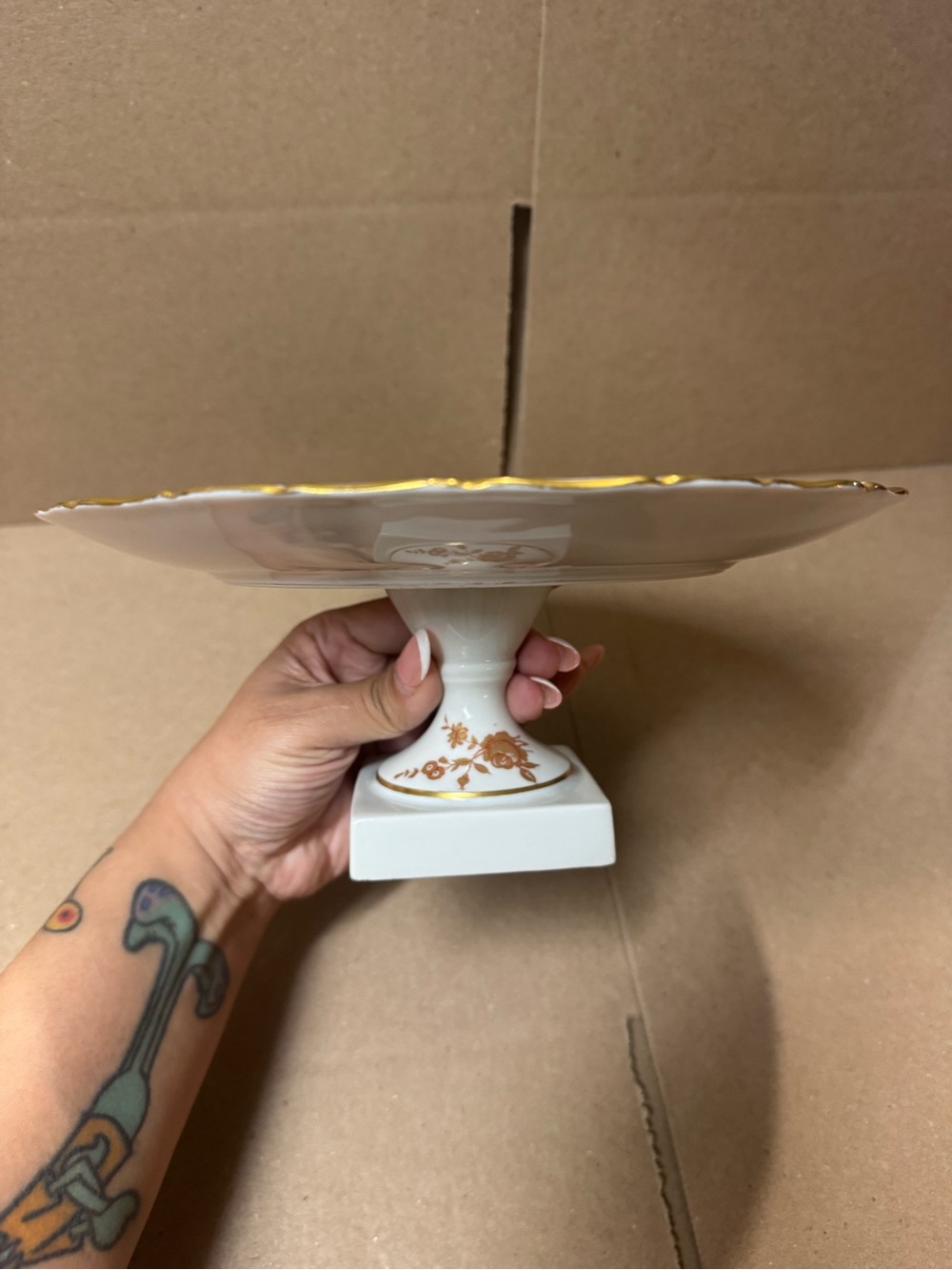 Limoges France Gold Roses Footed Square Base Pedestal Cake Plate Stand